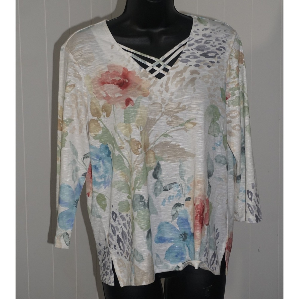 Alfred Dunner PS Floral Leopard Print Crisscross Neck Top